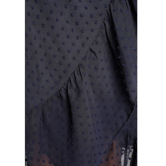 Effortlessly Easy Navy Blue Swiss Dot High-Low Midi Wrap Dress - Picture 5 of 12
